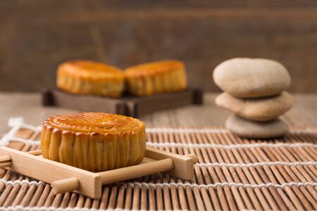 Mooncake, Chinese Mid-autumn festival dessert with copyspace