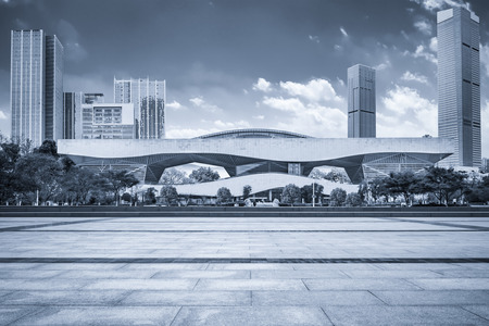 Empty floor with modern skyline and buildingsのeditorial素材