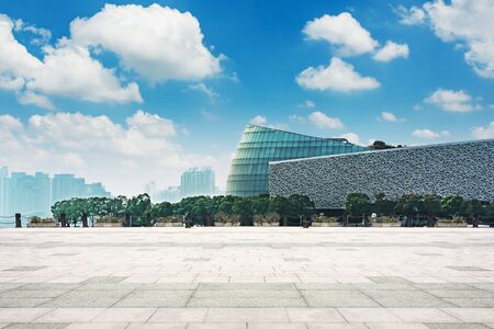 modern skyline and empty roadの写真素材