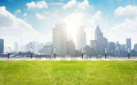 Empty footpath with modern skyline and buildings.の写真素材