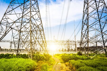 Substation equipment and dense lines, blue tone map.の写真素材