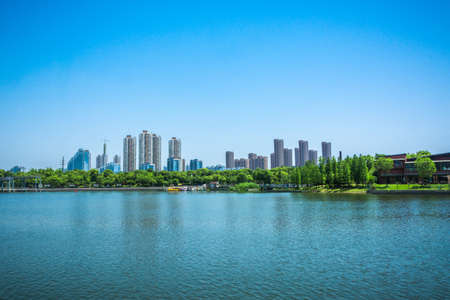 city near the lakeの写真素材