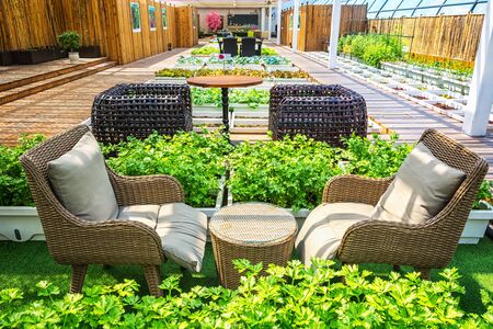 A covered lifestyle garden with indoor and outdoor livingのeditorial素材