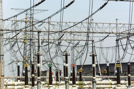 Substation equipment and dense lines, blue tone map.のeditorial素材