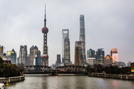 Shanghai skyline with historical Waibaidu bridge, Chinaのeditorial素材