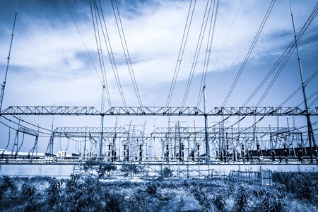 Substation equipment and dense lines, blue tone map.