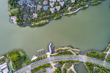 Aerial drone photo of dam in lake Marathona on a winter day, Marathonas, Attica, Greeceの写真素材