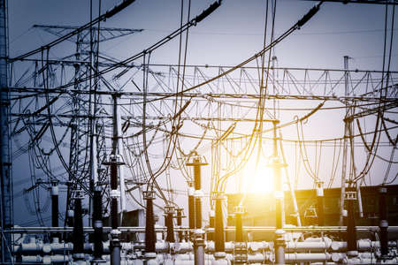 Substation equipment and dense lines, blue tone map.の写真素材