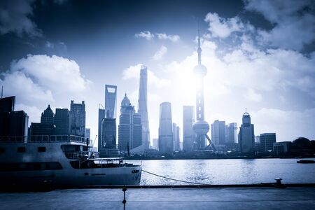 Shanghai skyline with historical Waibaidu bridge, Chinaのeditorial素材