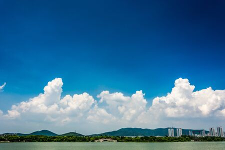 summer landscape with lake at sunny dayの写真素材
