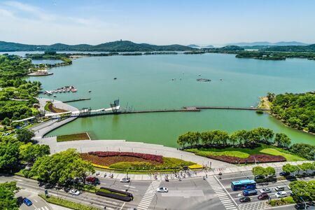 The city park with lakeの写真素材