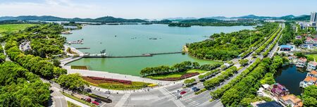 The city park with lakeの写真素材