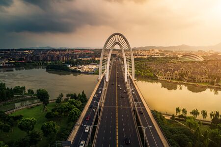 The bridge with cityの写真素材