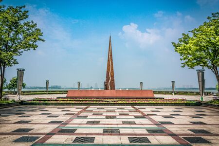 public square with empty road floor in downtownの写真素材