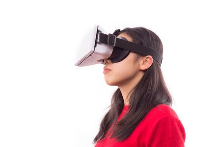woman wearing virtual reality goggles isolated on white background