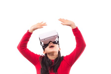woman wearing virtual reality goggles isolated on white backgroundの写真素材