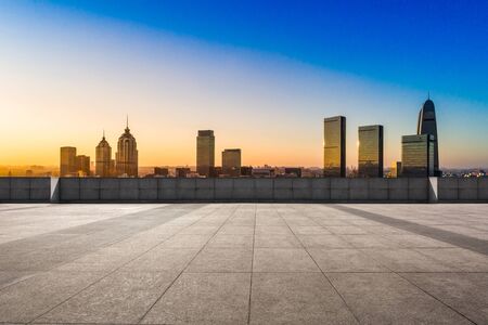 view of Manhattan skyline at sunsetの写真素材