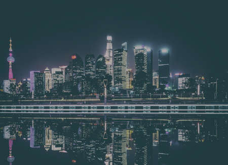 Beautiful Shanghai skyline at night,modern urban backgroundの写真素材