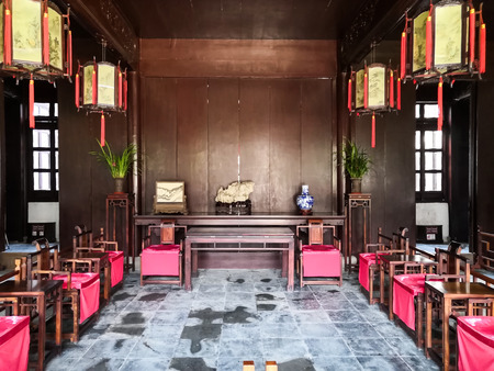 SUZHOU, CHINA - APR 1, 2016: Flowers at one of the pavilions of The Humble Administrator's Garden, a Chinese garden in Suzhou, a UNESCO World Heritage Siteのeditorial素材