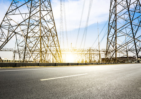 Substation equipment and dense lines, blue tone map.の写真素材