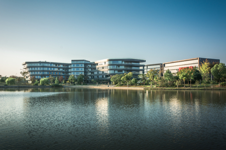 Modern business office building by the waterのeditorial素材