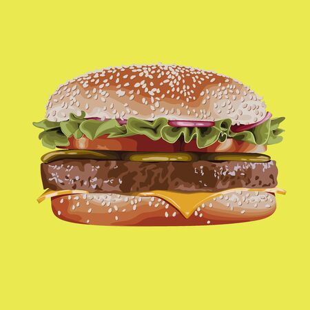 Isolated hamburger with sesame bun cutlet lettuce cheese tomatoes onion salted cucumbersのイラスト素材