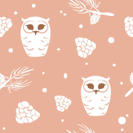 seamless pattern with snowy polar owl, white cones, pine branches, vector, isolatedのイラスト素材