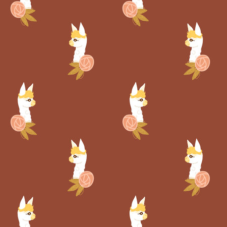 seamless pattern with cute baby girl llamas, flowers, leaves on brown backgroundのイラスト素材