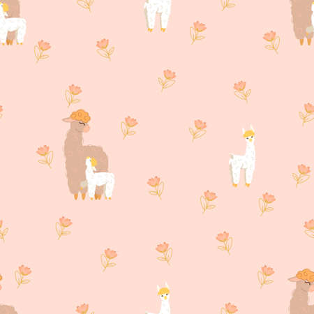 seamless pattern with mama llama and baby girl llama with flowers on pink backgroundのイラスト素材