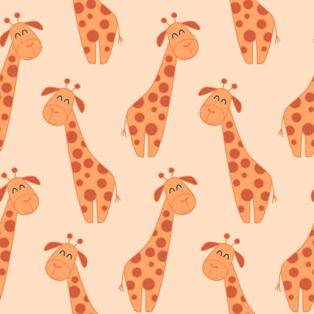 seamless pattern with cute baby giraffe, safari animals, on light orange backgroundのイラスト素材