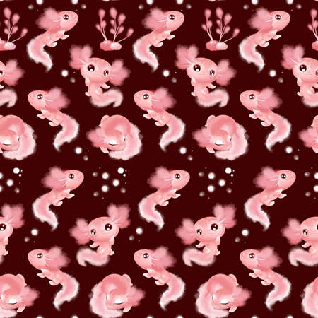 Watercolor pink axolotl character with bubbles on bordo background for kids design of different products like children party invitations, fabric, paper products etc. Seamless patternの写真素材