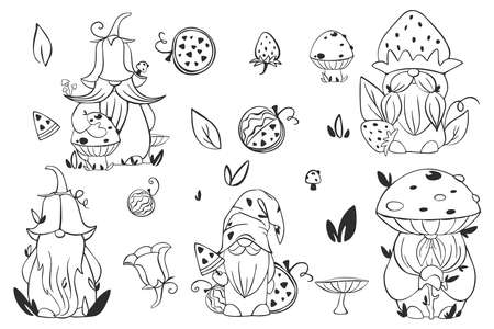 Set of isolated black gnomes with mashrooms, leaves, flowers and watermelon.のイラスト素材