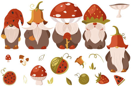 Set of illustrations with cute gnomes, mashrooms, leaves, glowers, watermallonのイラスト素材