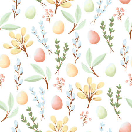 Watercolor seamless pattern with eggs, spring leaves and branches in pastele colorsの写真素材
