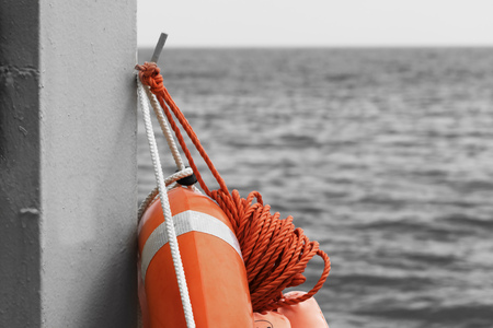 lifebuoy on the seashore near the waterの写真素材