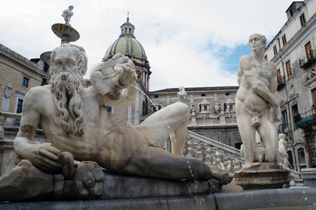Detail of the monumental Pretorian Fountain (Fontana Pretoria, Fountain of Shame) next to the Church of Saint Catherine in Palermo, Sicily, Italyの写真素材
