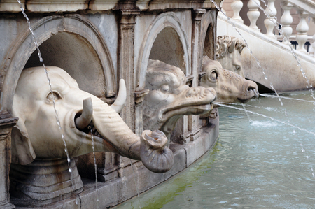 Animals detail of the monumental Pretorian Fountain (Fontana Pretoria, Fountain of Shame)  in Palermo, Sicily, Italyの写真素材