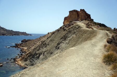 Panorama of Gnejna Bay shore, Golden Bay, Maltaの写真素材