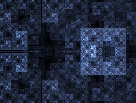 Hues of blues collide and mingle, creating a boxed, mosiac, abstract fractal design.