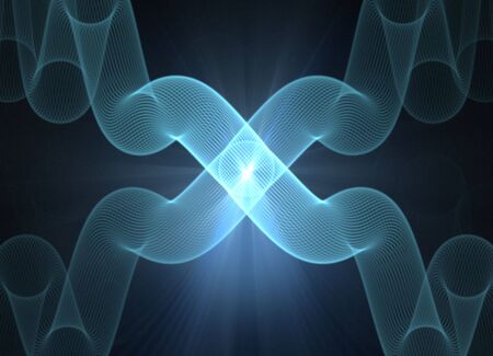 Glowing, threaded tubes of light blue stream across into an X design, slightly blurred.