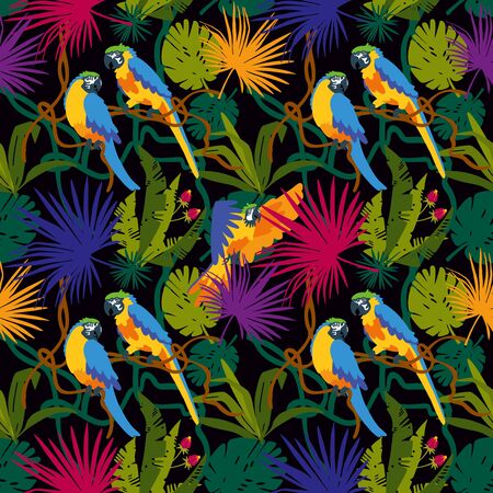 Tropical seamless vector background, with palm leaves, parrots, jungle leaves. Vector flat cartoon illustration for fabric design, packaging, postcards, banners, greeting card. Black backgroundのイラスト素材