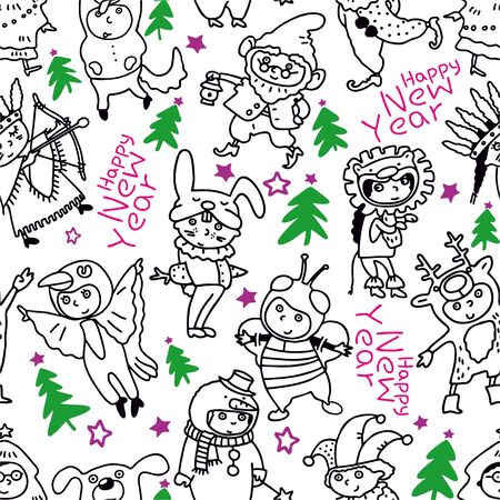 New Year seamless pattern. Children in Christmas costumes. Cheerful children celebrate Christmas and winter holidays. Cartoon New Year's holiday costume. Vector illustrationのイラスト素材