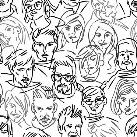 Seamless pattern of a group of people. Many different avatars. Portraits of men and women. Black and white linear people. character design. vector illustration.のイラスト素材