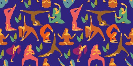 Yoga seamless pattern. Women do yoga position. Women silhouettes set. Vectorのイラスト素材