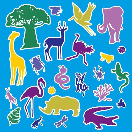 Big set of cartoon tropical stickers. Wildlife of Africa. Spots in a flat style isolated on a light background. - Vector graphicのイラスト素材