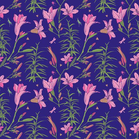 seamless pattern of pink tender iris on a green stem with leaves on a blue background. flowered backgroundのイラスト素材