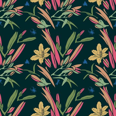 Seamless pattern of yellow tender irises on a green stem with leaves on a dark green background. blooming backgroundのイラスト素材