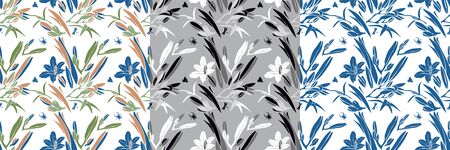 3 colored seamless patterns. Wrapping . wallpaper design. textile printing. Seamless background of delicate irises on a stem with leavesのイラスト素材