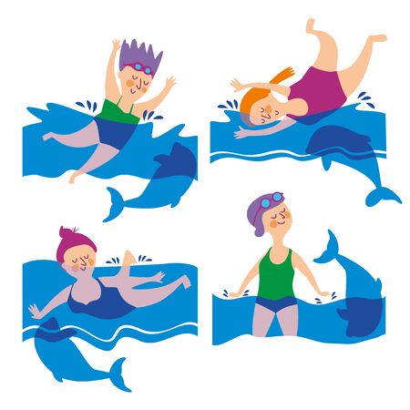 Set with women and dolphins. Sea swimming. Summer bathes in the ocean. Flat style. White background. Vector illustrationのイラスト素材