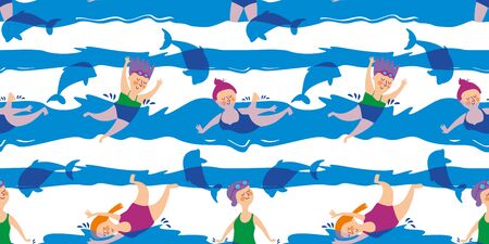 Seamless pattern with women and dolphins. Sea swimming. Summer bathes in the ocean. Flat style. White background. Vector illustrationのイラスト素材
